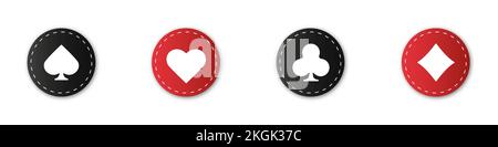 Set collection gambling sign symbol of playing card suits and chips for poker and casino. Hearts, clubs, diamonds and spades on an isolated white back Stock Vector