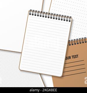 A notebook with a horizontal spring coil lies on top of another notebook. Notepad with a lined white sheet. Vector illustration isolated on white back Stock Vector