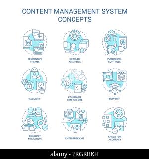 Content management system turquoise concept icons set Stock Vector