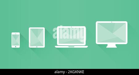 Device Icons: smart phone, tablet, laptop and desktop computer. Vector illustration, flat design Stock Vector