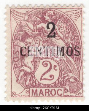 FRENCH MOROCCO - 1908: An 2 centimos on 2 centimes violet-brown postage stamp depicting ancient goddess as allegory 'Liberty, Equality, Fraternity'. Standard french issue 'Blanc', designed by Paul-Joseph Blanc. Capital — Rabat. French Morocco was a French Protectorate from 1912 until 1956 when it, along with the Spanish and Tangier zones of Morocco, became the independent country, Morocco. Stamps inscribed “Tanger” were foruse in the international zone of Tangier in northern Morocco Stock Photo