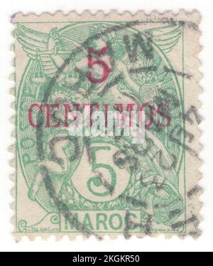 FRENCH MOROCCO - 1902: An 5 centimos on 5 centimes green postage stamp depicting ancient goddess as allegory 'Liberty, Equality, Fraternity'. Standard french issue 'Blanc', designed by Paul-Joseph Blanc. Capital — Rabat. French Morocco was a French Protectorate from 1912 until 1956 when it, along with the Spanish and Tangier zones of Morocco, became the independent country, Morocco. Stamps inscribed “Tanger” were foruse in the international zone of Tangier in northern Morocco Stock Photo