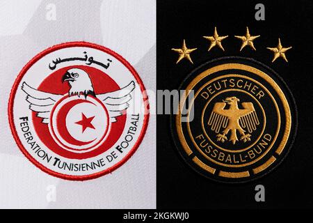 Close up of National Football team crest on home kit. FIFA World Cup Qatar 2022. Stock Photo