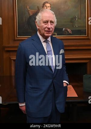 King Charles III, Royal Bencher at the Honourable Society of Gray's Inn, during a visit to the society in central London, to hear more about their work to support, educate, and develop both aspiring and practising barrister members. Picture date: Wednesday November 23, 2022. Stock Photo