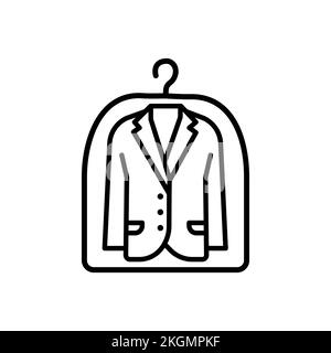 Suit from dry cleaning thin line icon, dust cover for clothing. Garment cover. Symbol of laundry. Modern vector illustration. Stock Vector