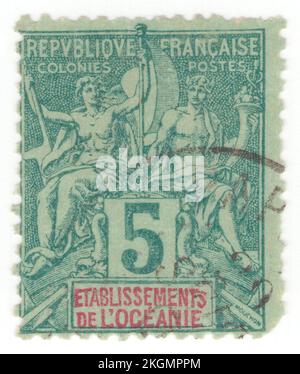 FRENCH POLYNESIA - 1892: An 5 centimes green on greenish postage stamp depicting Couple of ancient God and Goddess as allegory Navigation and Commerce. Name of Colony in Carmine. Allegory 'Navigation and Commerce' was designed by Louis-Eugene Mouchon. The Navigation and Commerce issue is a series of key type stamps issued for the colonial territories of France. French Overseas Territory, capital — Papeete. In 1903 various French Establishments in the South Pacific were united to form a single colony. Most important of the island groups are the Society Islands, Marquesas Islands, Tuamotu Stock Photo