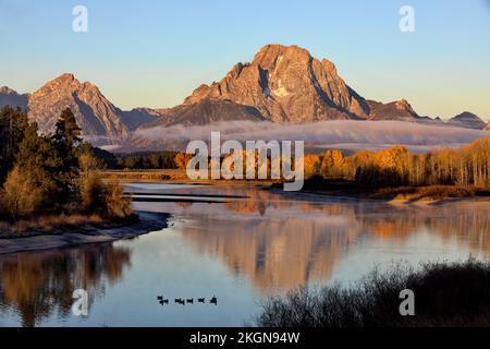 Autumn morning's golden glow in Grand Teton National Park at Snake River on Oxbow Bend in Wyoming, United States Stock Photo