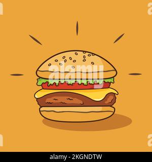 Burger flat art illustration, Burger with cheese, tomato, and lettuce illustration Stock Vector