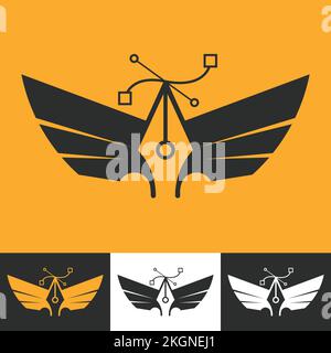 Pen tool Logo, Pen tool with wing vector logo, Wing logo with a pen tool, Design logo, designer icon Stock Vector