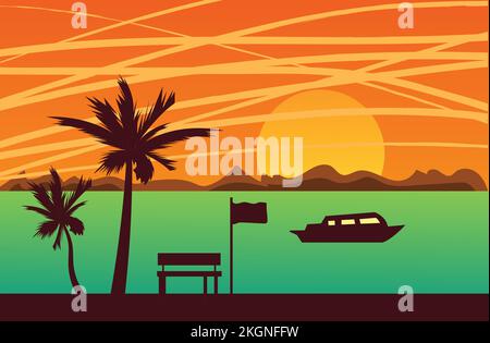 sunset landscape flat illustration, a boat floating on a river with the sun going down at evening and coconut trees, sunset landscape Stock Vector
