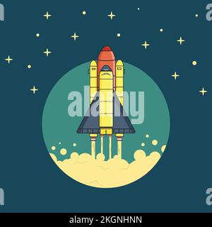 spaceship launching on the sky nighttime, rocket launching on the night sky, rocket launching illustration, rocket vector Stock Vector