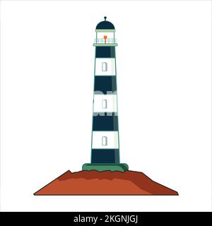 Lighthouse on rock stones island landscape, Shoreside lighthouse sea travel bright guide vector illustration graphic design Stock Vector