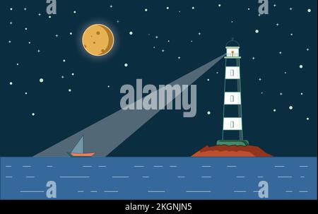 Lighthouse landscape illustration at night time, the lighthouse on the ocean with a boat floating on the ocean, night time moon with a Lighthouse illu Stock Vector