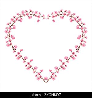 cherry blossom  Floral greeting card and invitation template for wedding or birthday anniversary, Vector heart shape of text box label and frame, Saku Stock Vector