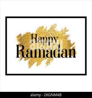 happy Ramadan greeting with gold glitter, happy Ramadan on golden metallic brush grunge stroke stain in a black square frame. Vector illustration Stock Vector