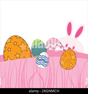 Easter Bunny illustration banner with Easter eggs,  Easter Bunny hiding behind the Easter eggs Stock Vector