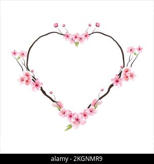 cherry blossom  Floral greeting card and invitation template for wedding or birthday anniversary, Vector heart shape of text box label and frame, Saku Stock Vector