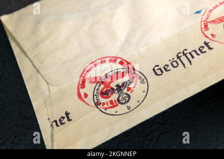 Nazi Germany, letter opened by surveillance authority and then taped shut with banderole "Geöffnet" (Opened). Stock Photo