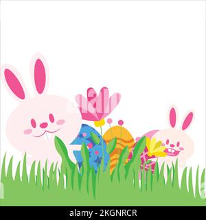 Easter background with Easter bunny and eggs, Easter eggs in green grass and paper rabbit isolated on white Stock Vector