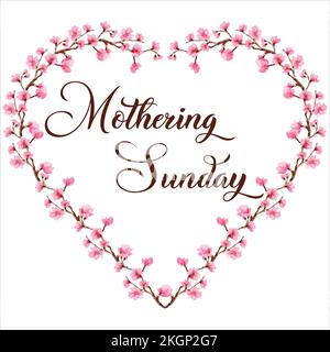 Mothering Sunday banner with cherry blossoms. Pink flowers over blue painted stripes on white. Mothering Sunday greeting card template, rectangular fr Stock Vector