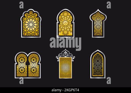 Traditional gold Arabic islamic windows. Arabic traditional architecture geometric arabesque Pattern. Set of decorative vector panels or screens. Stock Vector