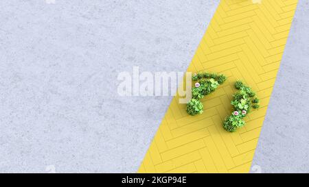 Three dimensional render of plant shaped footprints on yellow footpath Stock Photo