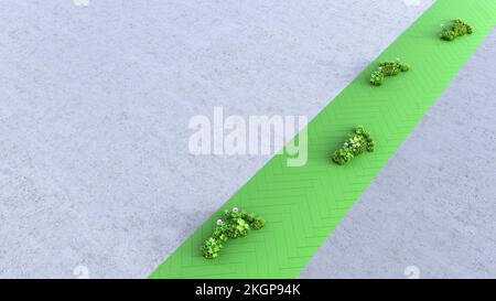 Three dimensional render of plant shaped footprints stretching along green footpath Stock Photo