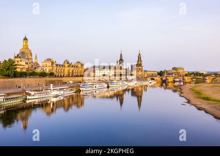 Germany, Saxony, Dresden, Boats moored in front of Bruhls Terrace Stock Photo