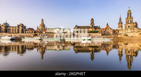 Germany, Saxony, Dresden, Panoramic view of boats moored in front of Bruhls Terrace Stock Photo
