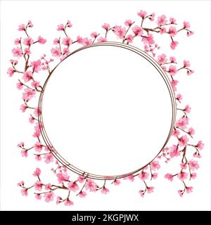 cherry blossom card with floral pattern. wreath of cherry blossom, adorable cherry blossom background with little branches and leaves, free space for Stock Vector