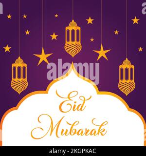 Eid Mubarak Celebration Poster Design with Cartoon Muslim Woman holding Lantern and Crescent Moon on Mosque Blue Background,  golden vintage lanterns Stock Vector