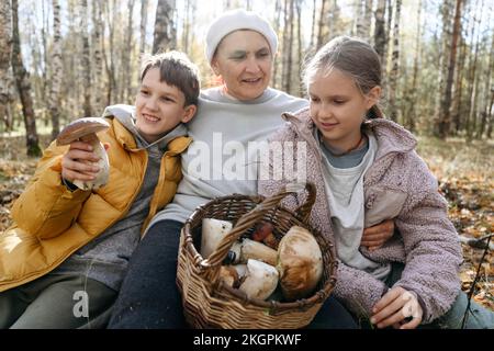 Senior woman looking at girl sitting by boy holding mushroom in forest Stock Photo
