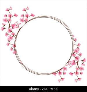 cherry blossom Detailed contour wreath with herbs, roses and wildflowers. Round frame for your design. Round frame for your design, greeting cards, we Stock Vector
