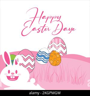happy Easter banner illustration design, Easter Bunny laying down on the grass with Easter eggs, happy Easter Day Stock Vector