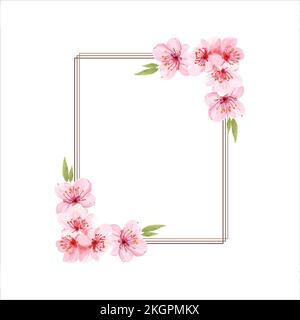 Spring floral border. Cherry blossoms pink flowers frame, Flower branches vector frame illustration, tree blossom flowers border template. Pink cherry Stock Vector