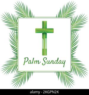 Palm Sunday cross and front white background, Green Palm leaves vector icon. Vector illustration for the Christian holiday. Palm Sunday handwritten ph Stock Vector