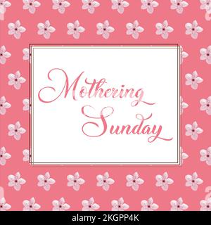 Mothering Sunday banner with cherry blossoms. Pink flowers over blue painted stripes on white. Mothering Sunday greeting card template, rectangular fr Stock Vector