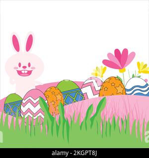 Happy Easter Template, Easter Eggs & Bunny Illustration, Multi-Color Easter Eggs With Easter Bunny Vector, Illustration of Happy Easter eggs With Flow Stock Vector