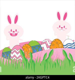 Happy Easter Bunnies & Eggs Illustration, Easter Bunnies & Multi-Color Eggs Vector, Illustration of Happy Easter with grass & flower, Pink Shade Happy Stock Vector