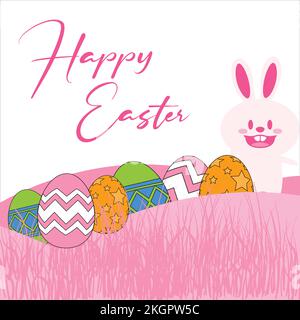Happy Easter Bunnies & Eggs Illustration, Easter Bunnies & Eggs Vector, Illustration of Happy easter with grass, flower & intricate writing, Happy Eas Stock Vector