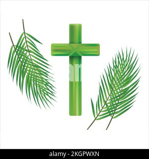 Palm Sunday cross and front white background, Green Palm leaves vector icon. Vector illustration for the Christian holiday. Palm Sunday handwritten ph Stock Vector