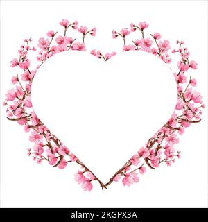 cherry blossom  Floral greeting card and invitation template for wedding or birthday anniversary, Vector heart shape of text box label and frame, Saku Stock Vector