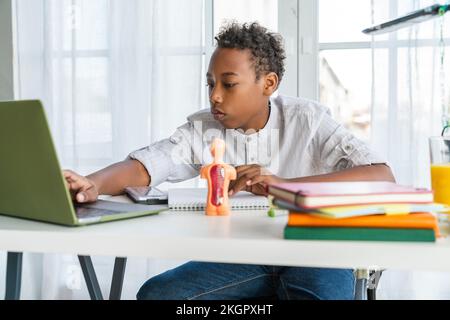 Boy doing homework using laptop sitting on table at home Stock Photo