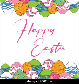 Happy Easter Day in a white background, Beautiful Multi-colour Easter Eggs, Happy Easter in a Pink colour text effect. Stock Vector