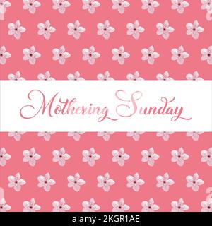 Mothering Sunday banner with cherry blossoms. Pink flowers over blue painted stripes on white. Mothering Sunday greeting card template, rectangular fr Stock Vector