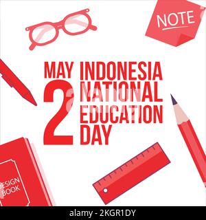 Illustration for Indonesian National Education Day with Red Text effect in a White background, May 2 special vector design with Pen, glass, ruler, boo Stock Vector