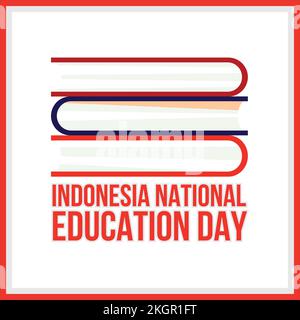 Indonesian National Education Day with red color text effect and red frame, Multi-colour books in a white background, Education Day Vector illustratio Stock Vector