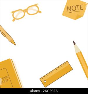 Illustration design elements, Glass, Pen, Pencil, Ruler scale, note pad and book with yellow colour shade in a white background. Stock Vector
