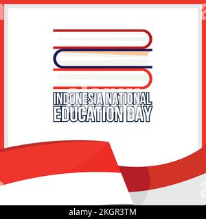 Indonesian National Education Day with white color text effect and red frame, Indonesian flag, Multi-colour books, Education Day Vector illustration w Stock Vector