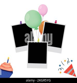 Happy Birthday Photo frame vector illustration on white background, Happy Birthday celebration, Party Elements, Photo Frame, Party Balloons, birthday Stock Vector
